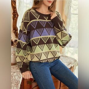 SHEIN MOD Multicolor Geometric Pattern Crewneck Sweater